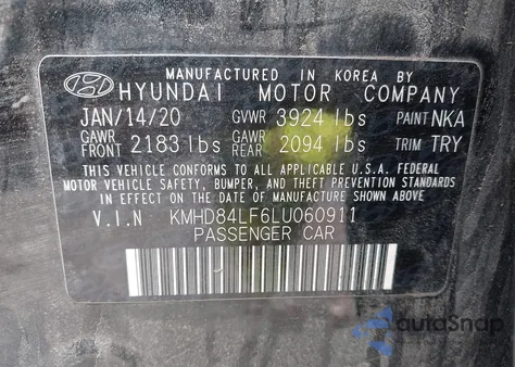 2020 Hyundai Elantra Value Edition z USA, uszkodzony, nr VIN KMHD84LF6LU060911